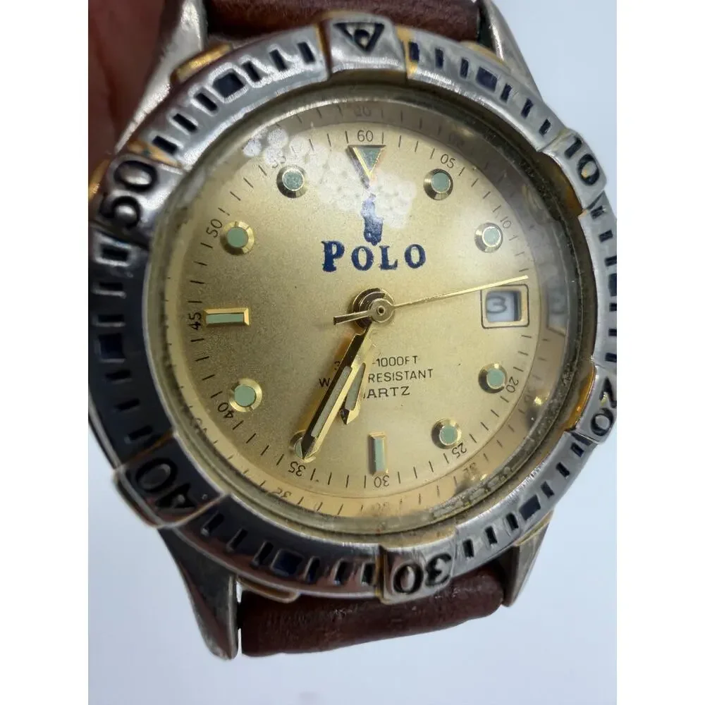 Vintage Beverly Hills Women Polo Club Logo Silver Tone Leather Quartz Watch